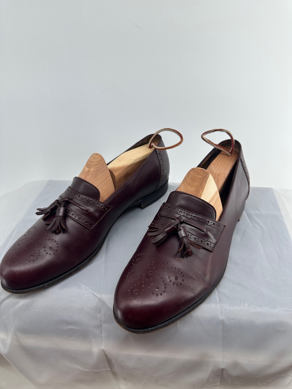 Salvatore Ferragamo Brogue Burgundy Brown Leather Tassle Loafer Shoes Men